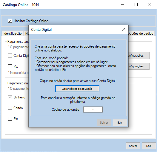 Conta Digital -  Gerar código de ativação.