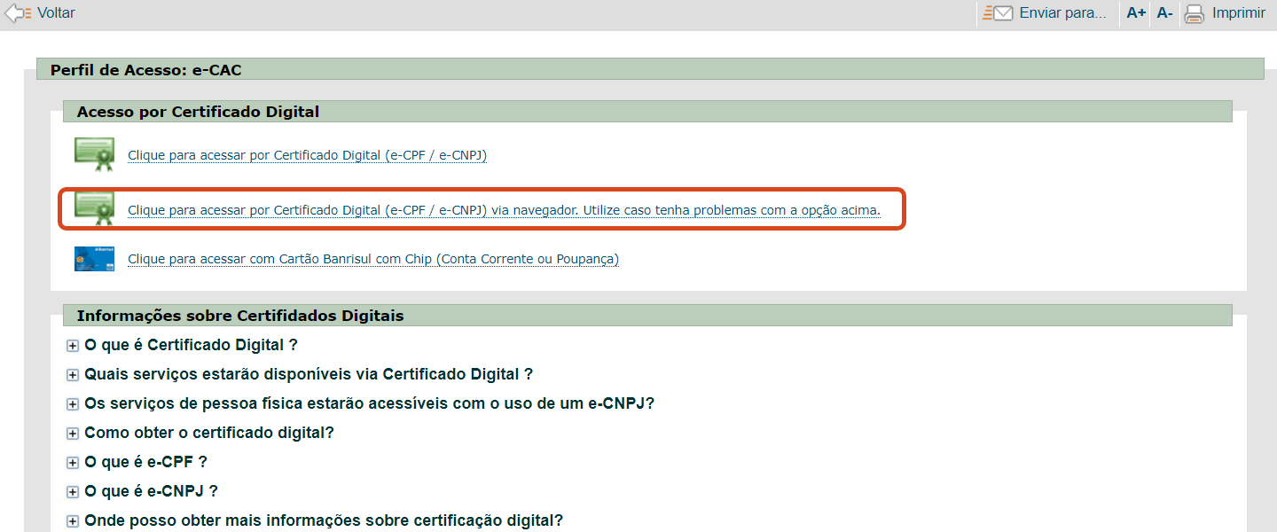 Portal e-CAC Opção acessar Certificado Digital