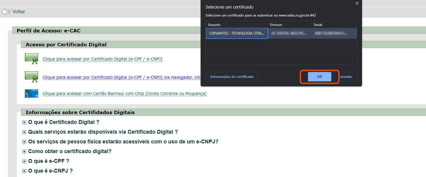 Portal e-CAC Escolhendo Certificado OK na Mensagem