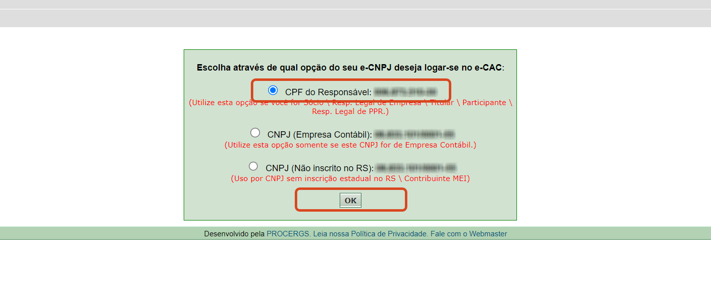 Portal e-CAC Escolha a opção CPF do Responsável 