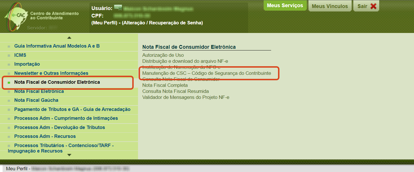 Portal e-CAC - Nota Fiscal de Consumidor Eletrônica.